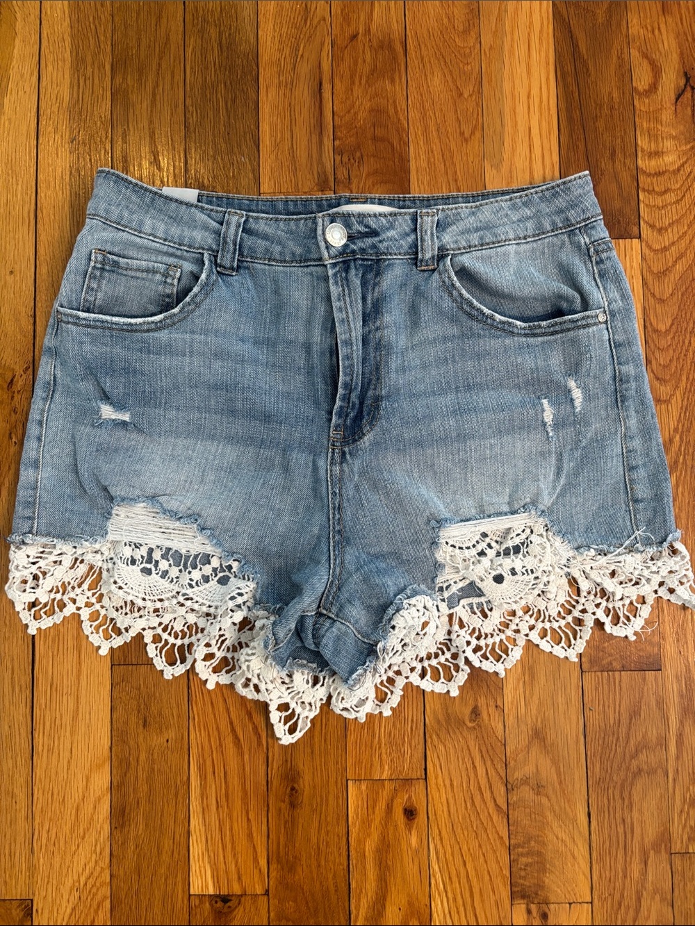 Almost Famous Light Blue Denim Shorts with White Crochet Trim (2)